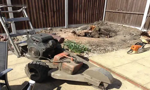 Stump grinder in a Bolton garden next to a tree stump